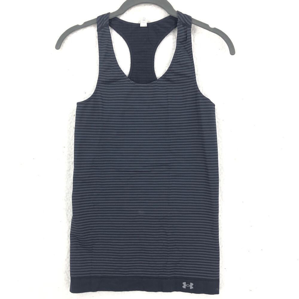 Under Armour Womens Tank Top Small Black Gray Stripe Racerback Heat Gear Fitted